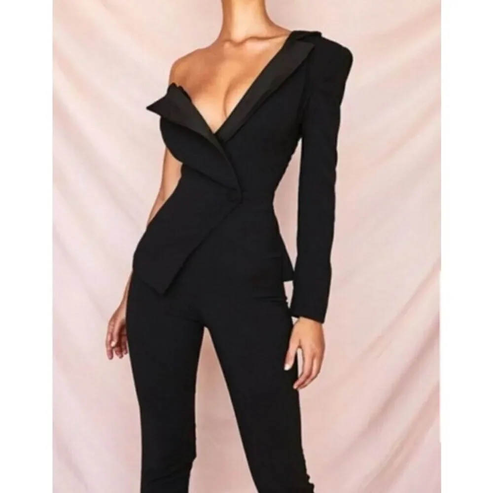 HOUSE OF CB Jumpsuit Size Small Black One‎ Sleeved Rosaria Tuxedo Style